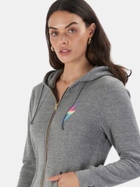 Aviator Nation Gray Zip Up Hoodie with Rainbow Lightning Bolt - Size Large